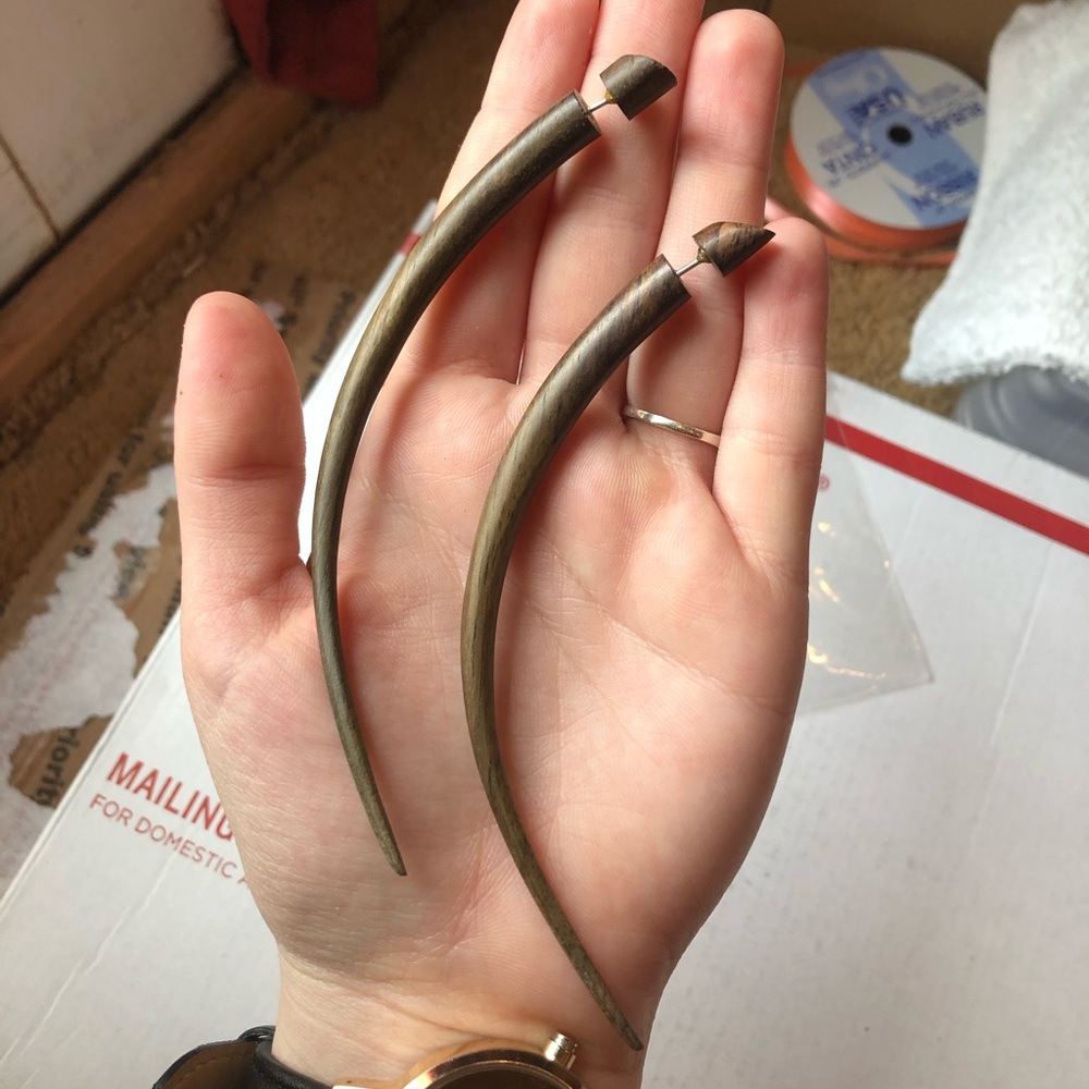 Fake gauge wood curved stake earrings